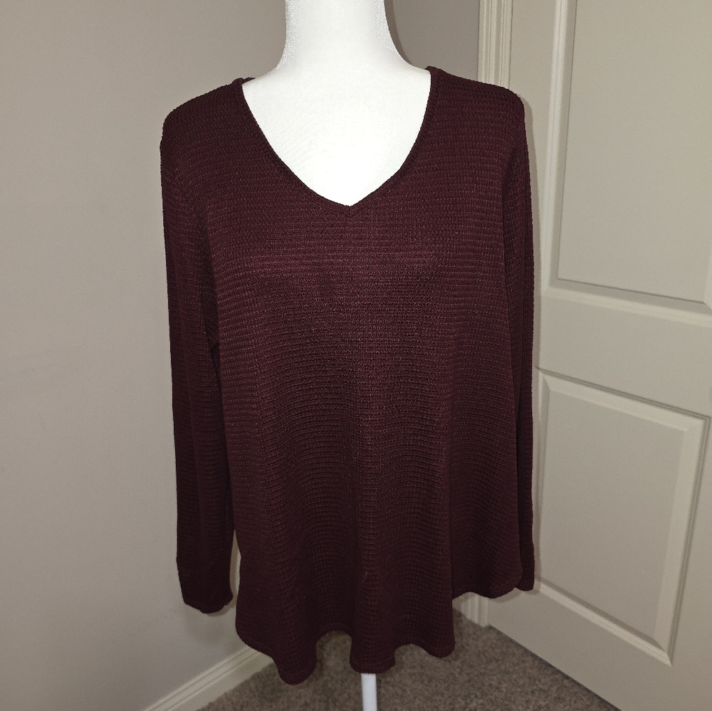 NineWest Soft Spun Long Sleeve Top Thermal Waffle Knit Size XXL in Burgundy/Wine